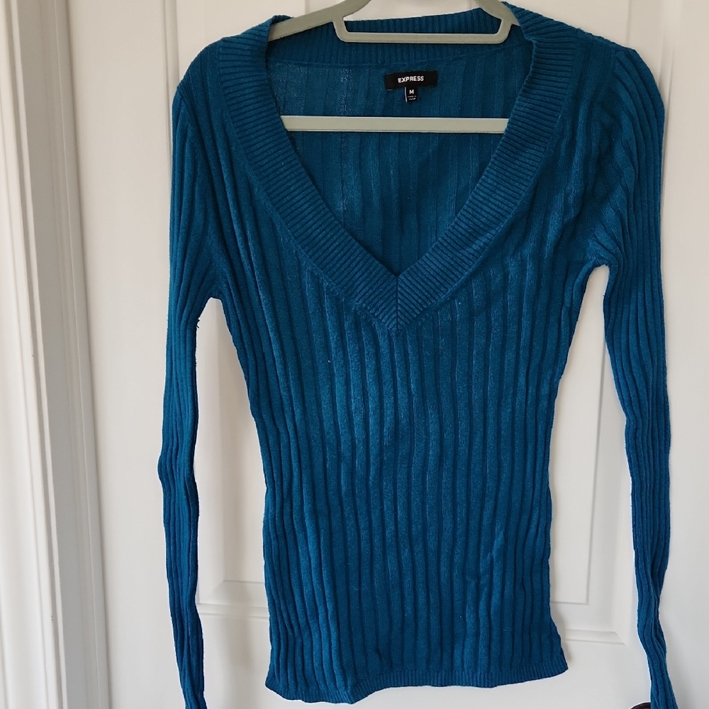 Express Deep Teal Ribbed V-Neck Sweater